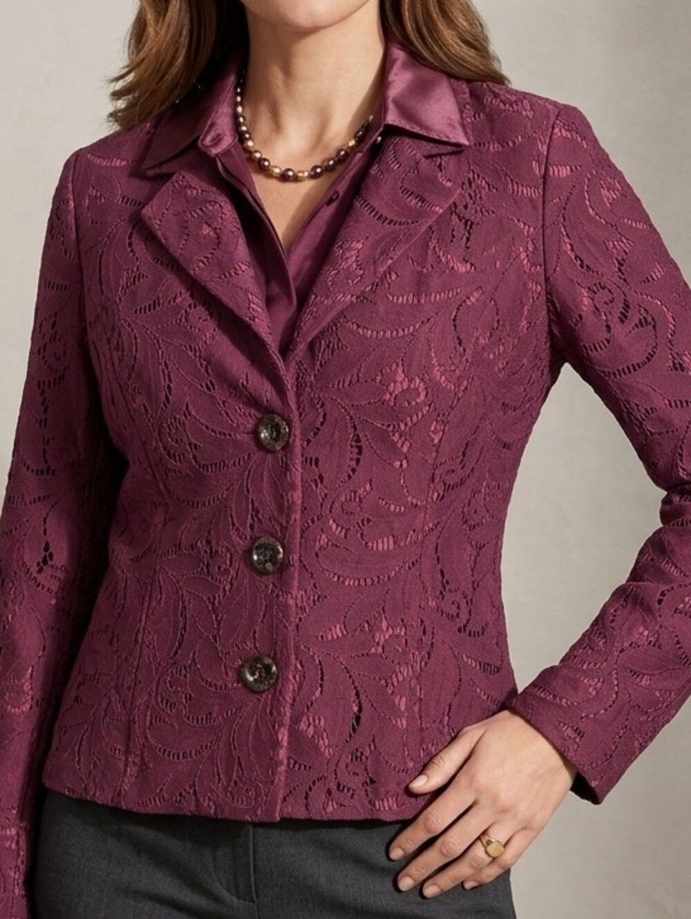 CAbi Plum Lace Overlay Blazer
